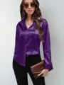 Women's satin long sleeve button down shirt elegant solid color lapel blouse top - Purple