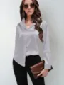 Grey satin long sleeve blouse for women, elegant button down lapel silk-like shirt variant. - Gray