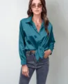 Women's teal satin long sleeve button down shirt with front tie knot, elegant casual top. - Malachite green