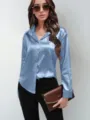 Women's Light Blue Satin Long Sleeve Blouse Elegant Button Down Lapel Shirt Variant - Light Blue