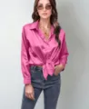 Women Pink Satin Tie Front Long Sleeve Blouse Silk Feel Button Down Shirt Casual Tops - Hot Pink
