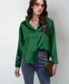 Green satin long sleeve button down shirt for women, silky smooth chic blouse top. - Dark Green