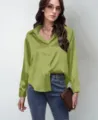 Olive green satin long-sleeve blouse for women, silky button-down shirt top for casual daily. - Olive