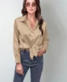 Women's satin long sleeve blouse chic button down tied front shirt casual elegant top - Khaki