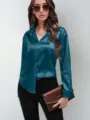 Elegant women's long sleeve satin blouse with lapel collar and buttons in solid teal color. - Malachite green