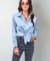 Women light blue satin long sleeve shirt casual button down tied waist blouse top for daily wear - Light Blue
