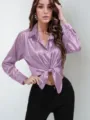 Women satin long sleeve button down blouse elegant tie front chic purple shirt top - Lavender