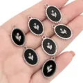 DIY silver-rimmed black and white tulip oval pendants charms for handmade jewelry making. - Tulip Pendant Only (Without Chain) / 1 Piece/Pack / Silver Tone Black Plate