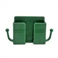 Green plastic wall-mounted phone holder detail shot, compact remote control storage box design. - Green with Hook