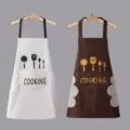 Waterproof kitchen apron with pockets and hand towels in white and brown variants for home cooking. - 2 Pieces Wipe Hand Style / White and Brown