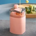 Automatic pop-up toothpick dispenser container, plastic press-type storage box for home kitchen. - Pink