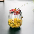 Japans gestreepte glazen opbergpot met stoffen deksel voor gedroogd voedsel thee bonen. - Ronde stoffen deksels