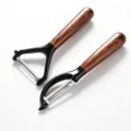 Stainless steel kitchen fruit peeler with wood grain handle, potato and vegetable peeler set. - Walnut Grain Black Peelers, Horizontal & Vertical - 2 Piece Set