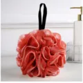 Red mesh shower sponge with black hanging strap, soft bath loofah for body cleaning. - Burgundy