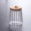 Transparante geribbelde glazen voorraadpot met houten deksel en metalen ring voor keuken sku - Vierkant Bamboe Deksel