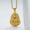 Close-up detail of golden embossed Buddha gourd pendant necklace, elegant metallic texture. - Pendant With Chain