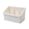 Retractable desktop cosmetic storage box with adjustable compartments for makeup brushes. - White