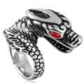 Vintage punk titanium steel dragon ring with red stone eyes, detailed retro design for men. - Size 7 / Silver (Red Eyes)