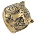 Close-up view of the detailed gold tiger head ring showcasing intricate engraved patterns. - Size 8 / Antique Gold
