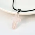 Rose quartz cross pendant necklace with black leather cord fashion jewelry for women. - Rose Quartz