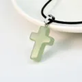 Green stone cross pendant necklace with black leather rope, versatile fashion jewelry for women. - Green Aventurine