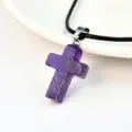 Purple crystal cross pendant necklace with black leather cord, fashionable women jewelry. - Amethyst