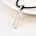 White opal cross pendant necklace with black leather cord, simple fashion jewelry for women. - Opal