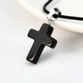 Black onyx cross pendant necklace with leather cord for women fashion daily wear jewelry gift - Black Stone