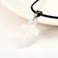 White crystal cross pendant necklace with black leather cord, elegant fashion jewelry for women. - White Crystal