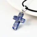 Blue stone cross pendant necklace with black leather cord, fashion women jewelry - Blue Spot Jasper