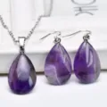 Natural amethyst teardrop pendant necklace and earrings jewelry set for women. - Amethyst