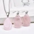 Natural Rose Quartz Teardrop Necklace Earrings Set Elegant Pink Crystal Jewelry Detail - Rose Quartz