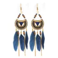 Orecchini lunghi pendenti con piume blu boho per donne, gioielli vintage color oro alla moda. - Blu (E1802)