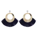 Orecchini pendenti con nappe blu scuro, strass luminosi e anelli metallici dorati. - Blu Inchiostro (E1820)