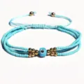 Bracciale multi-filo in perline Miyuki blu con ciondolo malocchio e cordino regolabile. - Blu