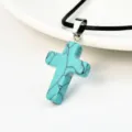 Turquoise cross pendant necklace with black leather cord, fashion women jewelry accessory. - Blue Turquoise