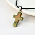 Fashion cross stone pendant necklace with black cord, unique green pink natural pattern for women. - Unakite