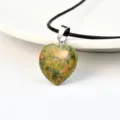 Natural stone heart pendant necklace with black braided leather rope for women fashion jewelry - Unakite