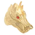 Detailed close-up of a vintage punk gold stainless steel dragon head ring with red eyes. - Size 7 / Gold