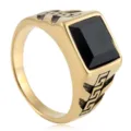 Men's vintage titanium steel ring featuring a square black onyx gemstone and Greek key engraved band for a stylish punk look. - Size 7 / Gold