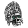 Anillo de acero inoxidable con calavera de jefe indio y ojos de piedra preciosa verde. - Talla 7 / Acero (Ojos Verdes)