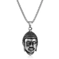 Stainless steel Buddha head pendant necklace closeup showing fine retro carving details. - Pendant with Chain / Steel