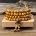 Classic 108 sandalwood prayer beads bracelet for men and women, vintage wooden Buddhist jewelry. - Golden Sandalwood