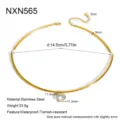 Stainless steel minimalist choker necklace with round zircon pendant, waterproof geometric jewelry. - Teardrop Bezel Pendant Torque (NXN565) / Gold