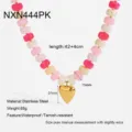 Stainless steel gold heart pendant colorful acrylic beaded necklace for women chic jewelry - NXN444PK / Pink White