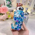 Handgefertigte Strass Thermobecher Detail zeigt blaue Schmetterling Blume Glanz toll. - 260-500 ml / Blauer Isolierbecher