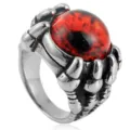 Stainless steel punk dragon claw demon eye ring close up, gothic red gem mens jewelry. - Size 7 / Red Eyes / Steel