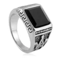 Men's stainless steel Masonic ring with black onyx stone, vintage punk geometric band. - Size 7 / Steel
