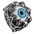Vista detallada del anillo de acero de titanio con calavera de ojo de demonio azul punk. - Talla 7 / Color acero