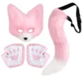Pink Faux Fur Animal Costume Set Cat Fox Mask Tail Paws for Cosplay Party Dress Up - One Size / Pink Cat Fox Set